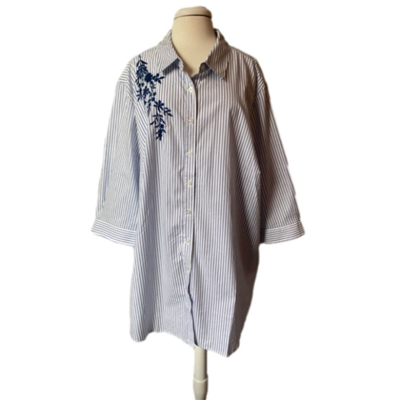 Woman Within NWOT Coastal Stripe Floral Embroidered Button Down Travel Tunic 3X - Picture 1 of 8